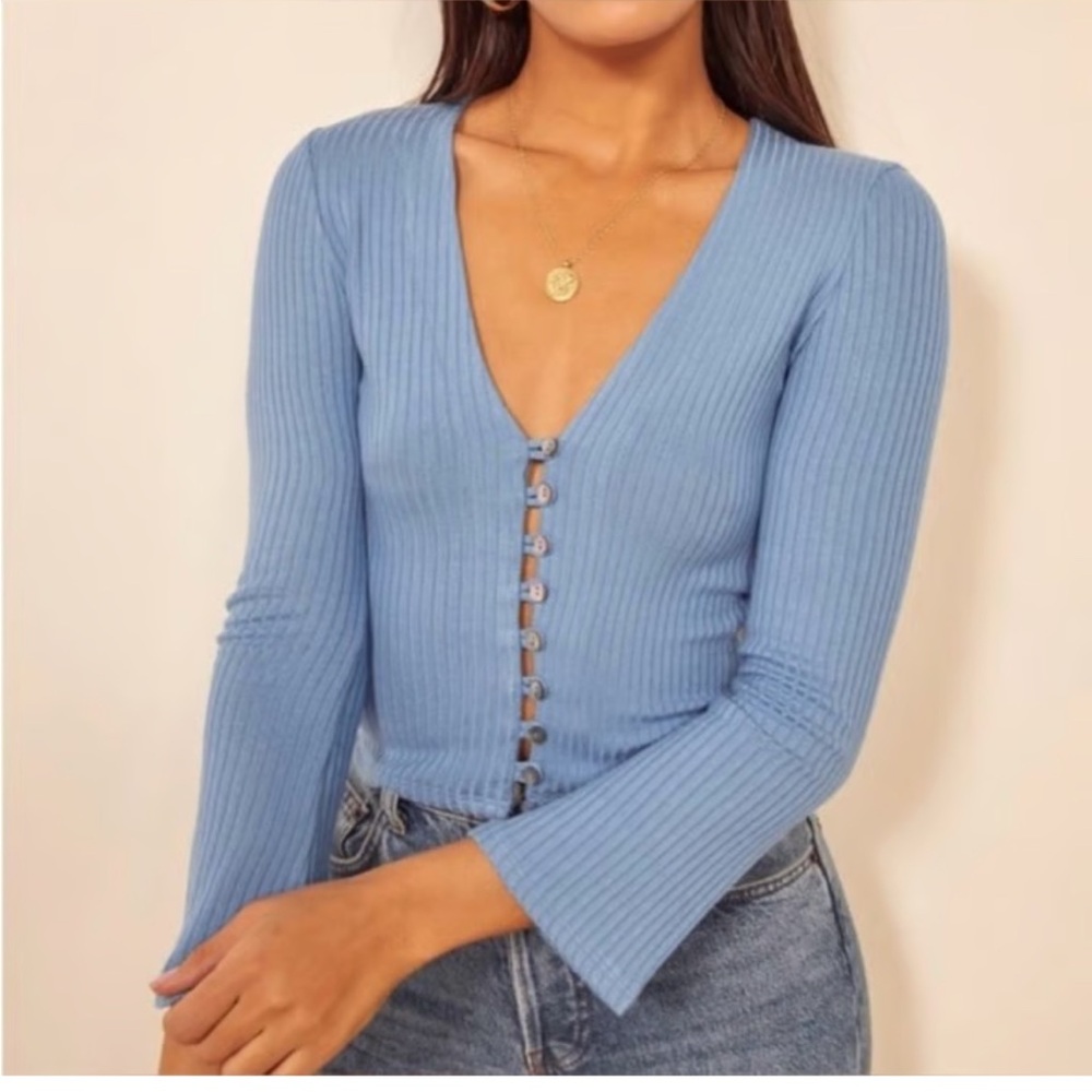 Reformation Sky Blue Ribbed Button-Down Top
